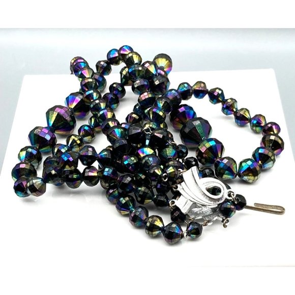 Retro Oil Slick Beads Graduated Necklace, Black Plastic Vitrail Triple Strand - Picture 2 of 4